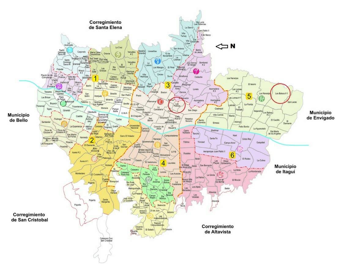 Fig.1 : Carte de Medellín et ses quartiers avec les quartiers en question signalés