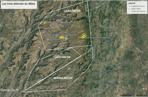 Fig.2 Les trois principaux districts du Mänz. Fond de carte : Google Earth