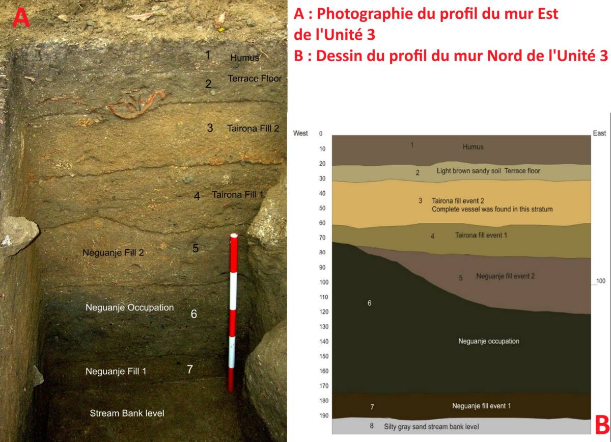 Fig 5 : Exemple de sondages effectué par Santiago Giraldo sur le site de Pueblito : profils Est et Nord de l’Unité 3, d’après Giraldo (2010)
