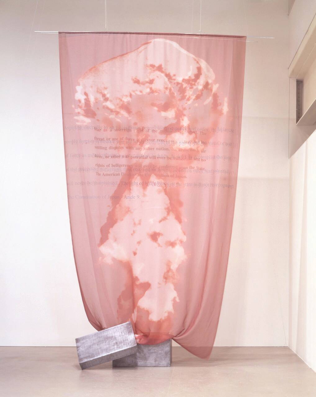 Fig.1 : Yanagi Yukinori, The Forbidden Box, 1995, sérigraphie sur voile de nylon, boîte en plomb, tissu 518 x 300 (cm), boîte en plomb 60 x 90 x 60 (cm) ©︎ YANAGI STUDIO