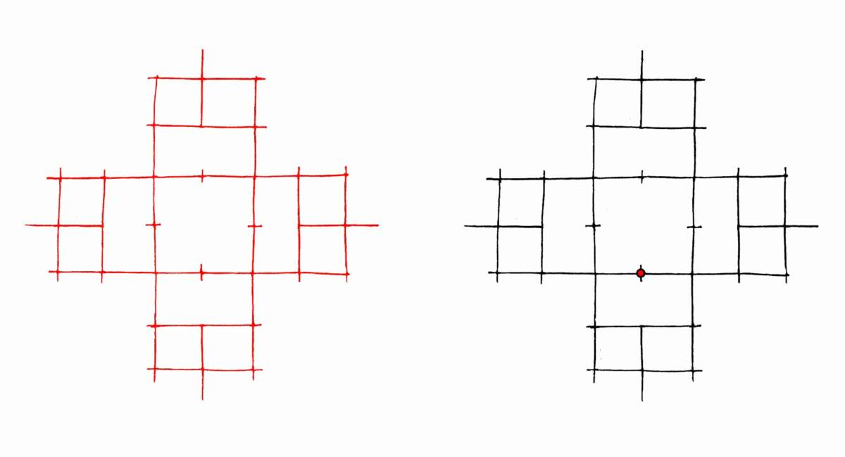 Fig.3 : Construction du dessin sur sable L’eau du myzomèle cardinal, phase 1 : traçage des « piquets » (gauche) et identification de la « souche » du dessin (droite). Reconstruction graphique par l’auteur.
