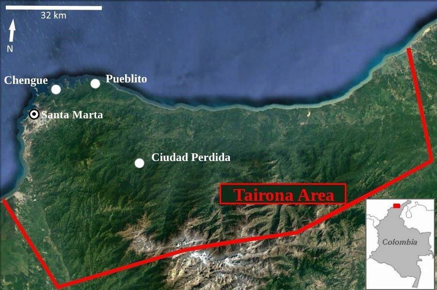 Fig 1 : Localisation des sites de Chengue, Pueblito et Ciudad Perdida dans l'Aire Tairona en Colombie