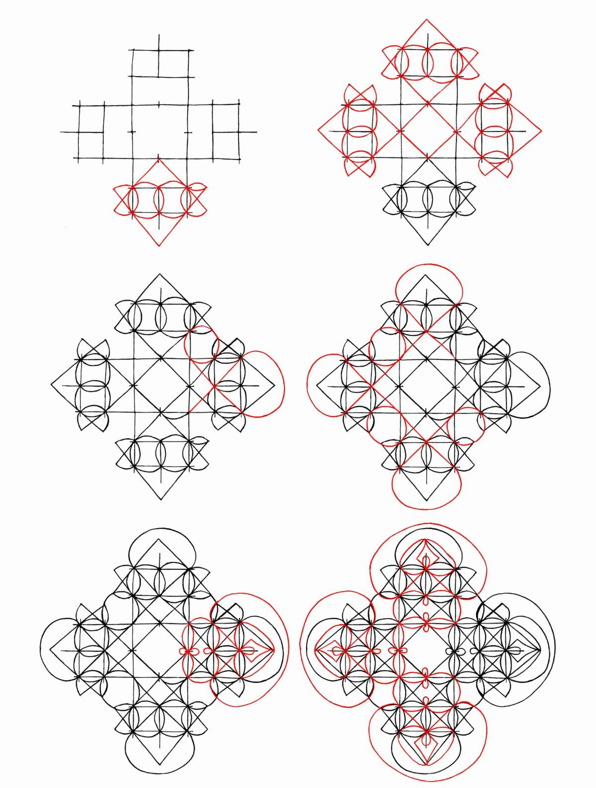 Fig.4 : Construction du dessin sur sable L’eau du myzomèle cardinal, phase 2 : développement de la ligne continue par l’exécution de trois sous-séquences clés et leur rotation. Reconstruction graphique par l’auteur.