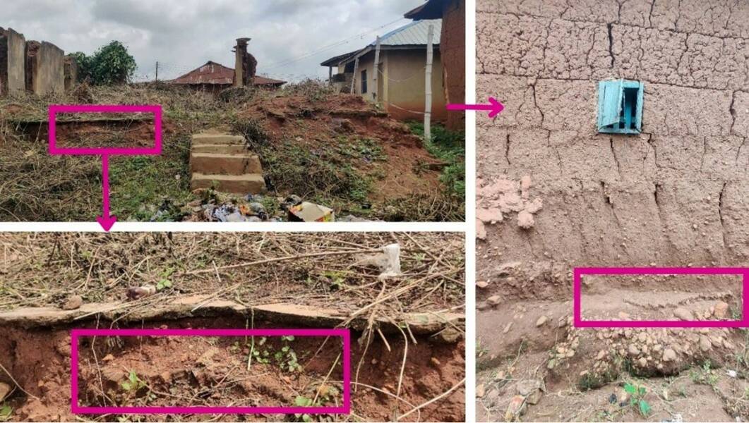 Fig-3 : Vue générale du site de Lújúmò Compound, Ilé-Ifẹ̀. Léa Roth 2021. À gauche : Vue des décombres de la maison avec les pavements apparaissant sous le niveau de sol moderne en ciment. À droite : Maison voisine en brique de terre avec des pavements apparaissant au niveau des fondations.