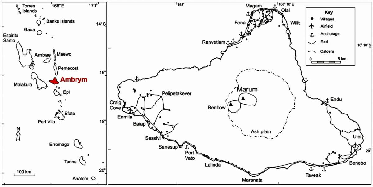 Fig.2 : Localisation d’Ambrym dans l’archipel du Vanuatu et carte de l’île.