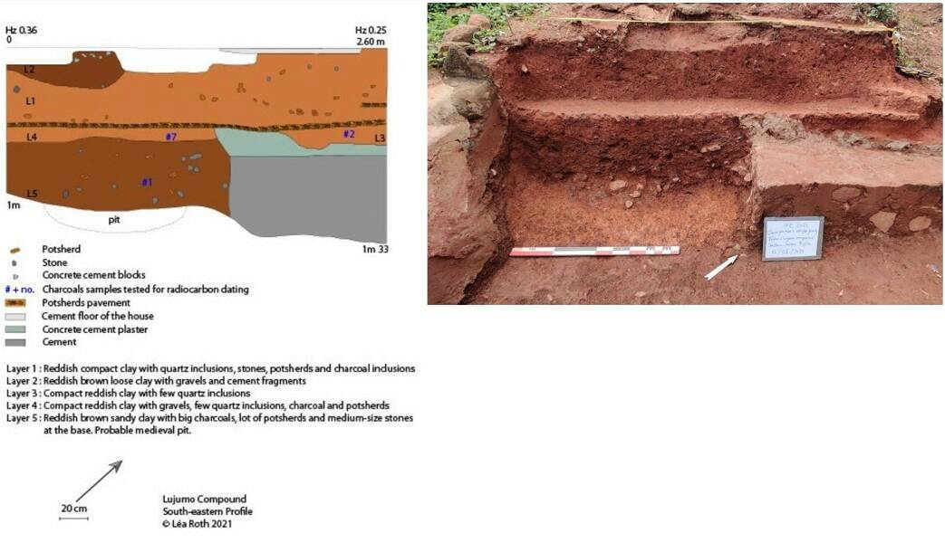 Fig.5 : Profil sud-est de la façade sud de la maison effondrée et vue du « pavement # 1 » sous le « pavement # 3 », Lújúmò Compound, Ilé-Ifẹ̀. Léa Roth 2021.