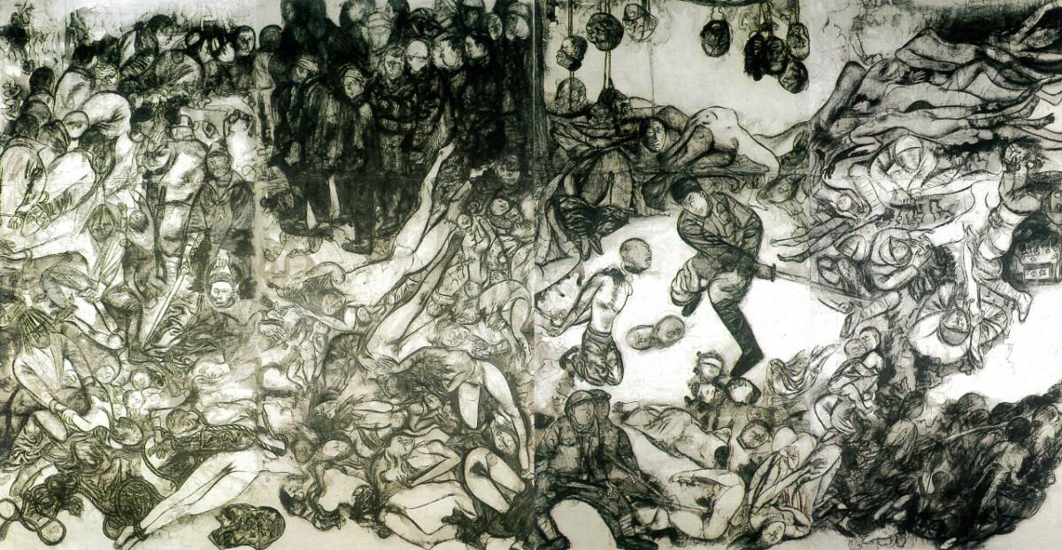 Fig.2 : Maruki Iri&Toshi, Le Massacre de Nankin, 1974, 400 x 800 (cm), peinture sur paravent en bois © Maruki Gallery for The Hiroshima Panels, Higashimatsuyama